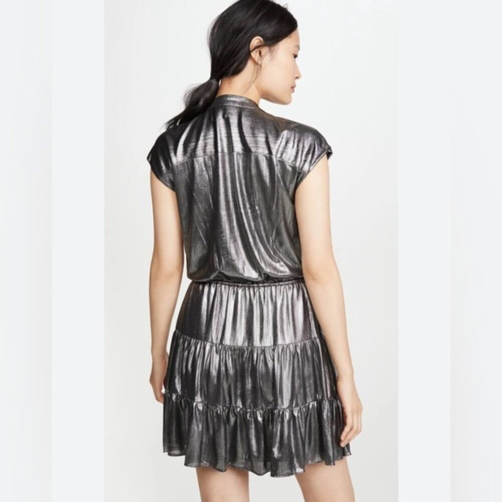 NWT REBECCA MINKOFF OLLIE Gray Silver GUNMETAL Shiny Button Mini Dress MEDIUM - Picture 3 of 16